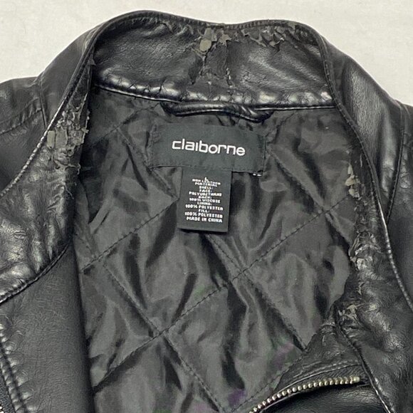 Faux Vegan Leather Zip Front Long Style Motorcycle Jacket Black Claiborne - Picture 16 of 16